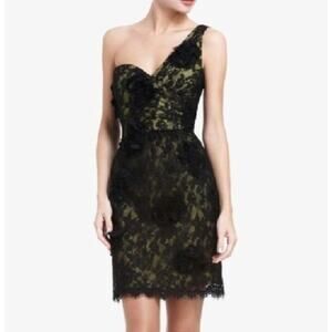 BCBGMaxAzria Jennifer One Shoulder Black Yellow Lace Floral Sheath Dress 0 XS